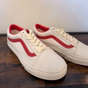 Vans White and Red Low-Top Leather Sneakers